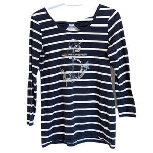 Marble navy marine striped shirt rhinestone sequin anchor decor Small @V